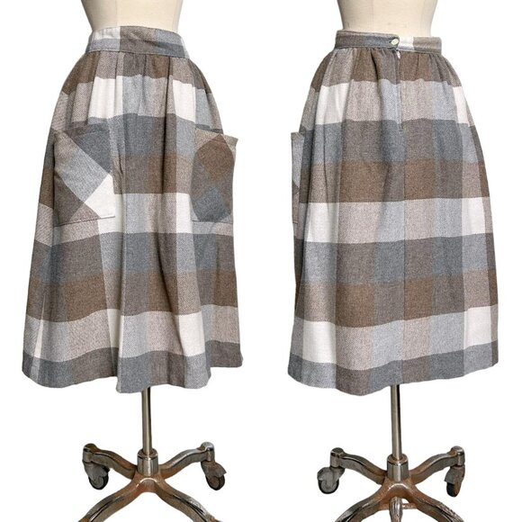 70s vintage plaid wool blend skirt highwaisted pockets cottagecore midi. - Picture 5 of 8